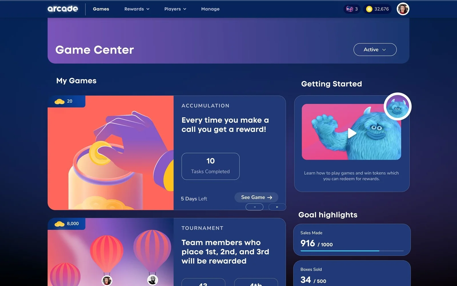 Arcade platform dashboard with colorful sections.