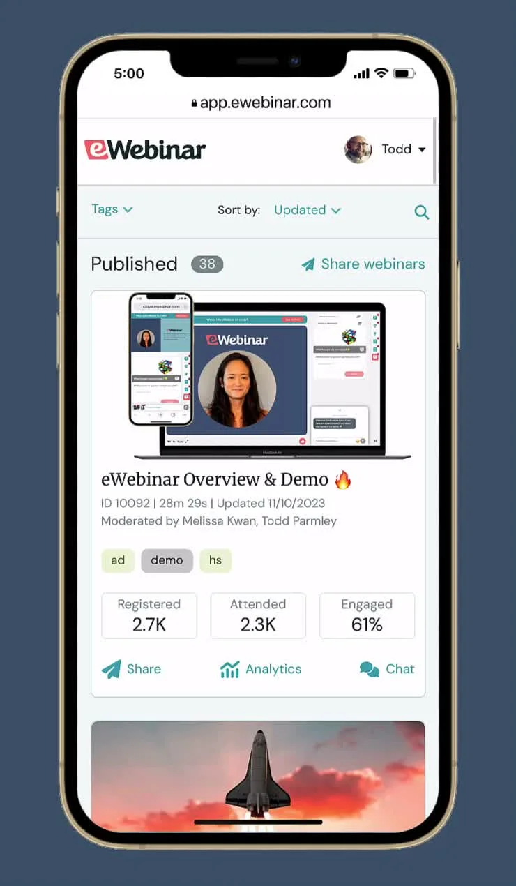 Share eWebinars and review analytics on mobile