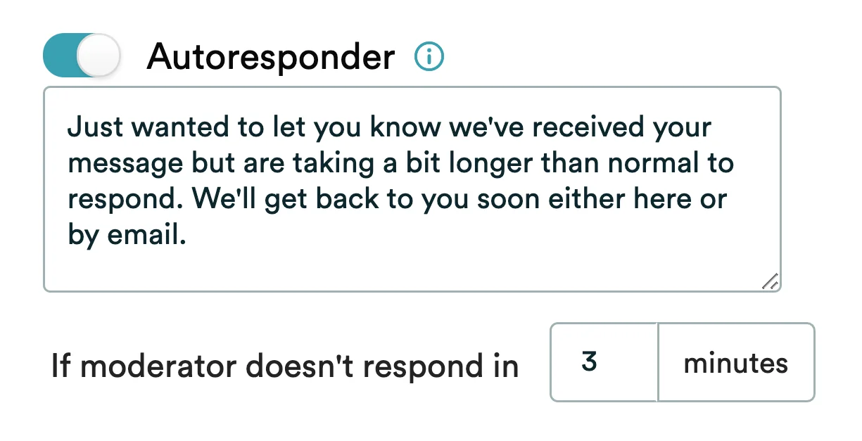 Chat interface with autoresponder message and 3-minute response timer.