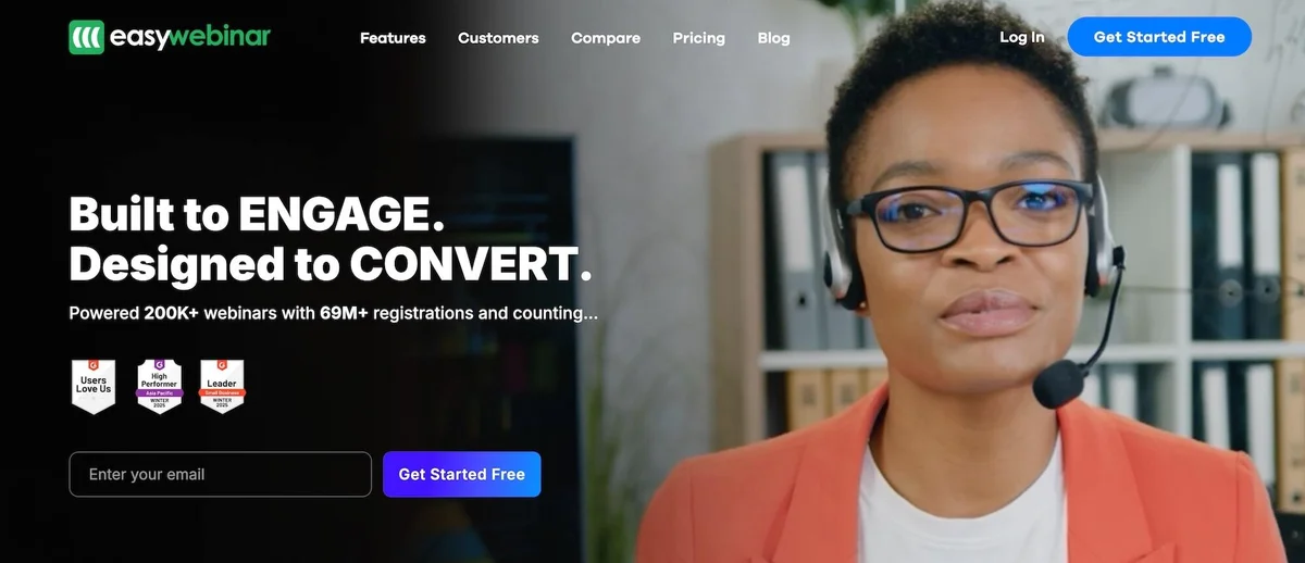 Webinar platform homepage with a person wearing a headset.