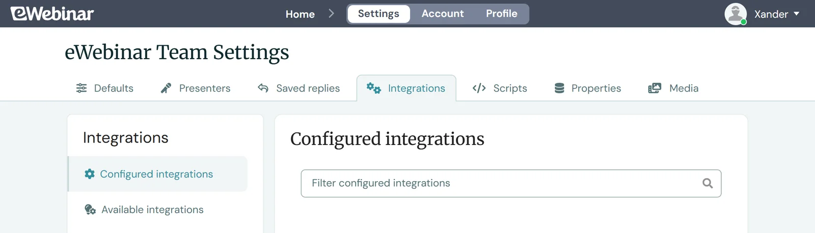 eWebinar Team Settings with the Integrations tab selected