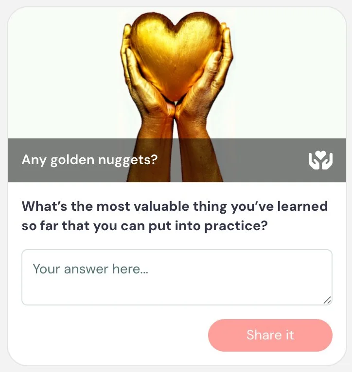Hands holding a golden heart with a reflective question below.