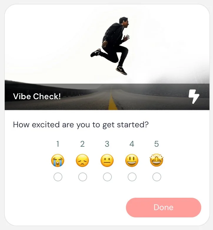 Survey interface asking excitement level with emoji scale.