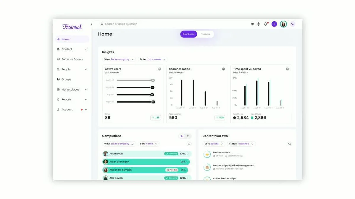 Trainual employee training platform showing process documentation and onboarding workflows
