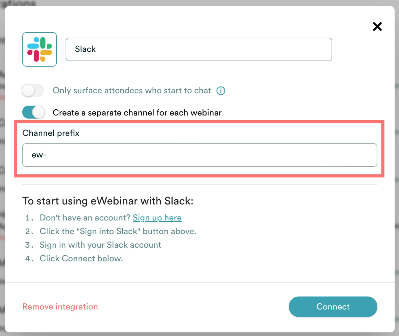 Slack channel prefix selection in eWebinar