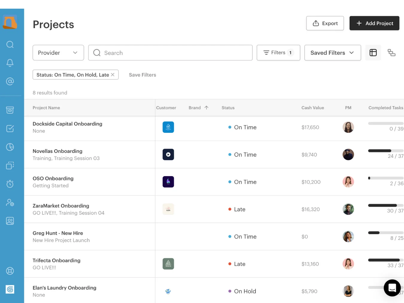 GUIDEcx dashboard with project list and status filters.