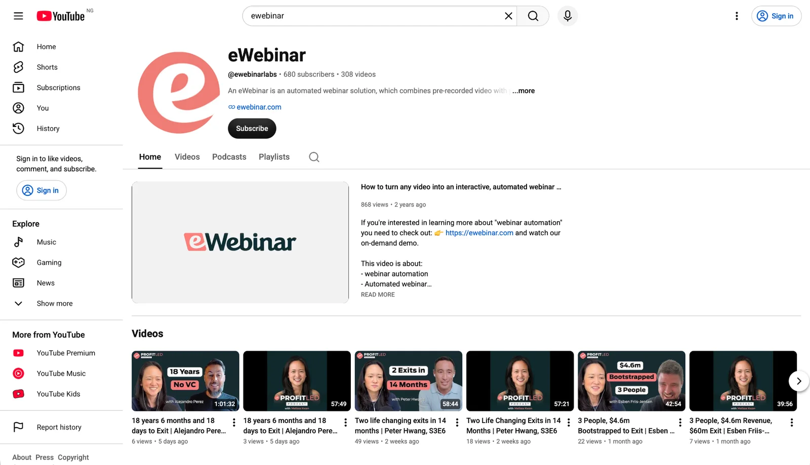 YouTube channel page for eWebinar with video thumbnails and subscribe button.