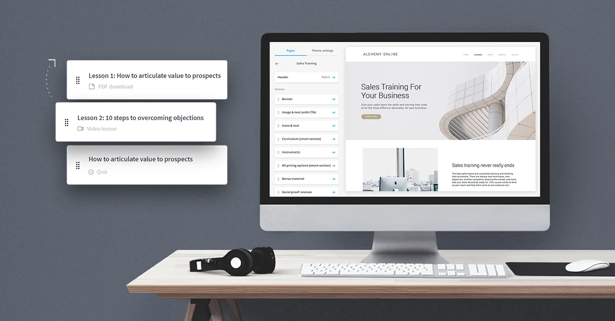 Computer displaying online sales training platform with lessons list.
