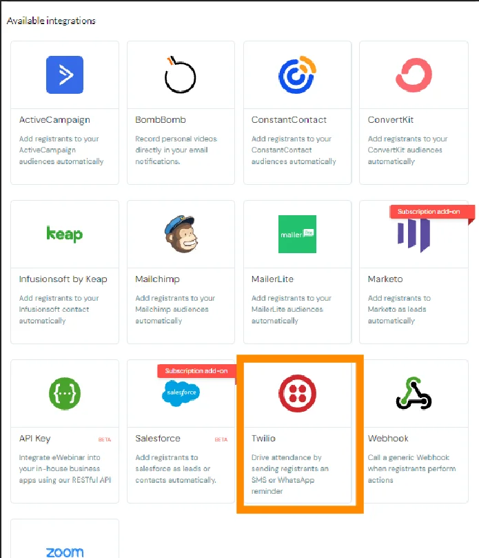 Screenshot 2 for How to use eWebinar's Twilio integration to send messages over WhatsApp?
