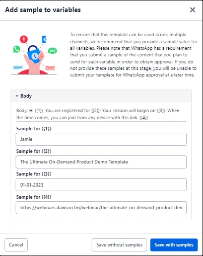 Screenshot 3 for How to use eWebinar's Twilio integration to send messages over WhatsApp?