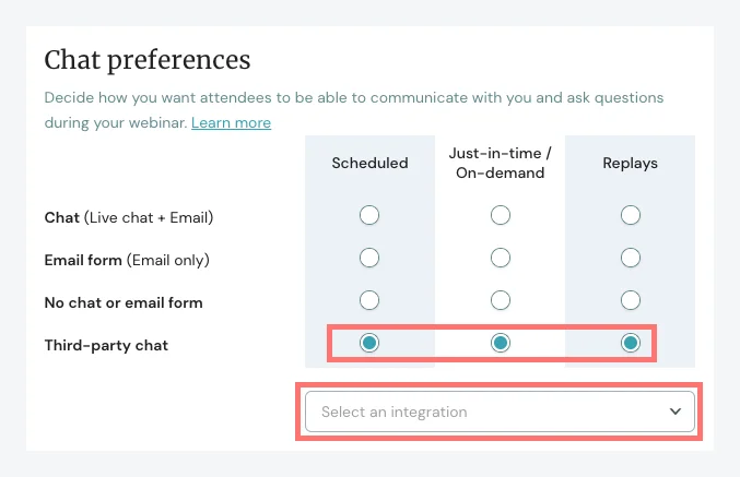 Screenshot 1 for How do you use a third-party chat provider in place of eWebinar's chat?