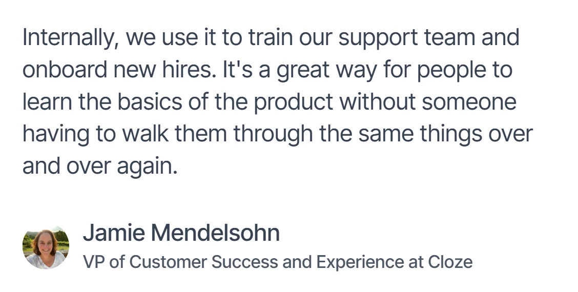 Testimonial from Jamie Mendelsohn about training and onboarding at Cloze.