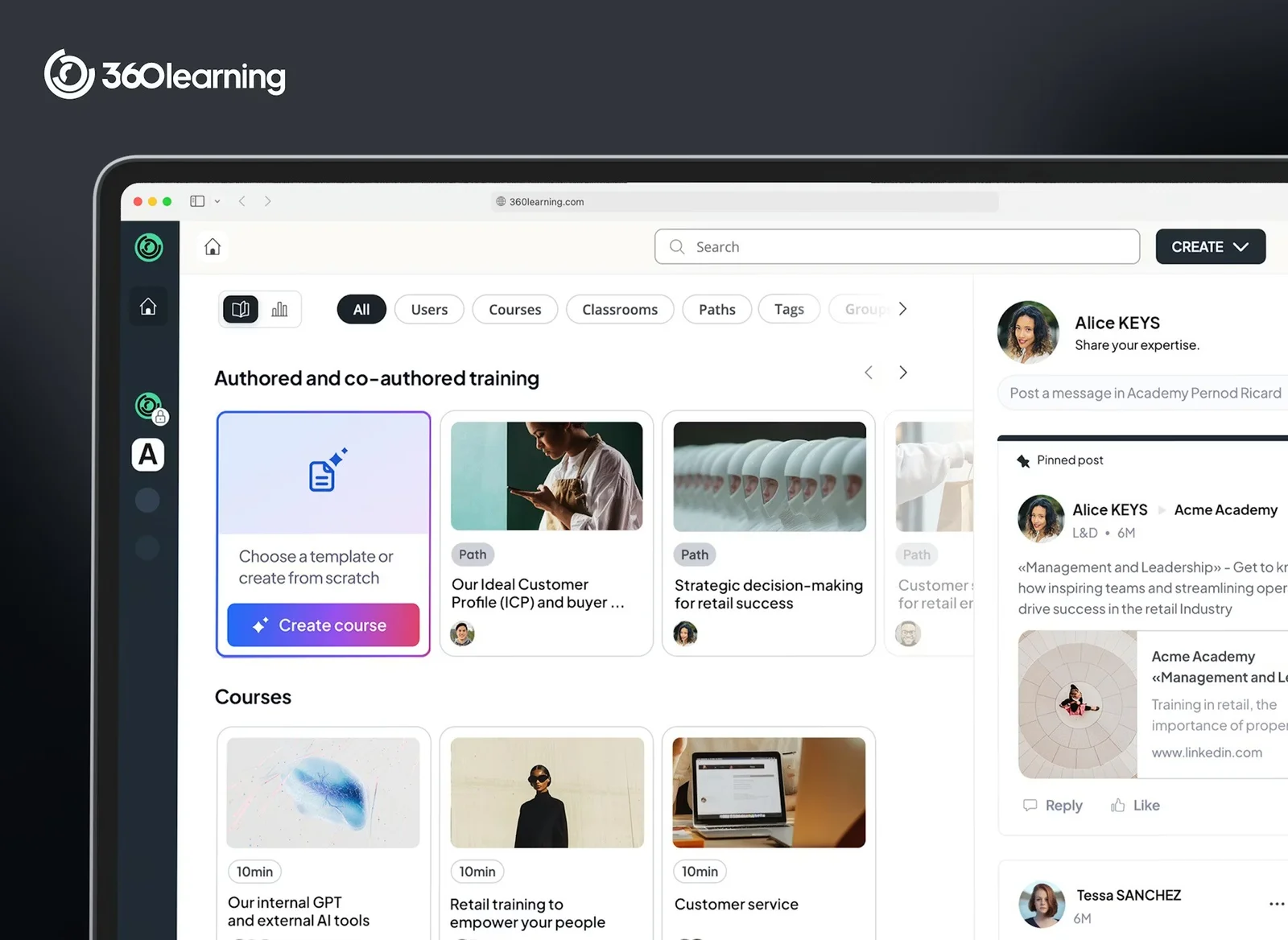Online learning platform dashboard with courses and chat section.