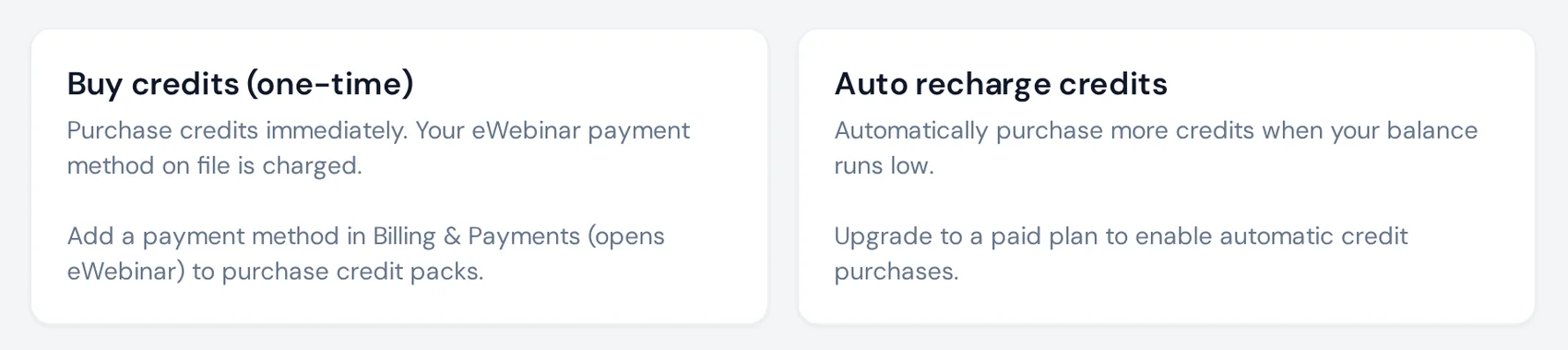 eChat Buy credits (one-time) and Auto recharge credits cards on the Subscription settings page