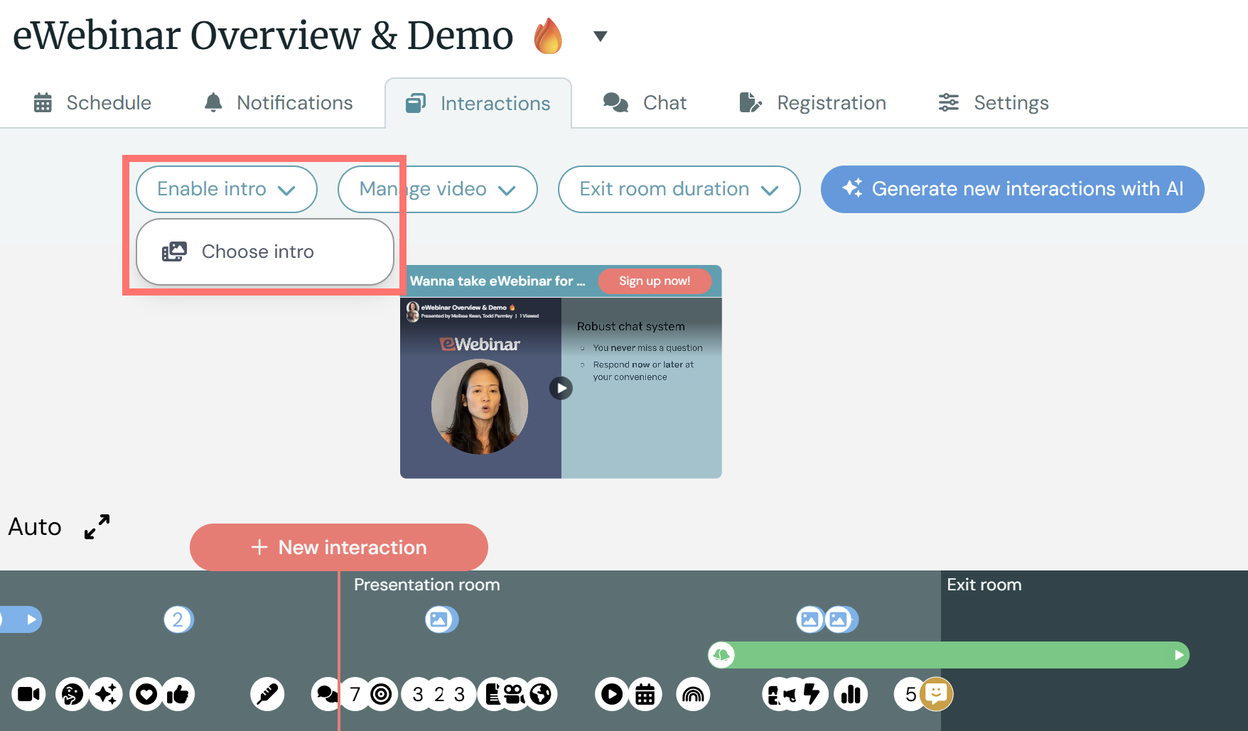 eWebinar interactions tab with Enable intro dropdown showing Choose intro button
