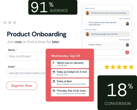 eWebinar registration page for a product onboarding session with session times, live chat, and conversion and attendance stats