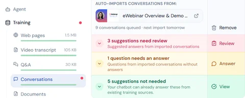 Dashboard showing conversation import tasks with status indicators.