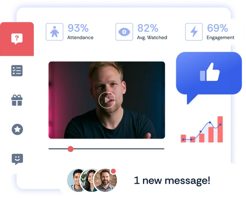 eWebinar session with attendance, watch-time, and engagement metrics plus a thumbs-up in chat