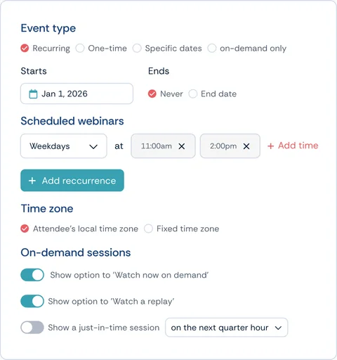 eWebinar scheduling settings showing recurring and on-demand session options