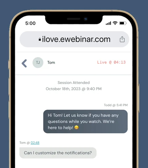 The eWebinar chat admin on a mobile phone
