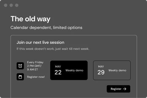 The old way: calendar-dependent live webinar registration with limited session options