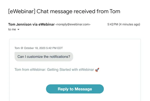 An email notification for a new eWebinar chat message