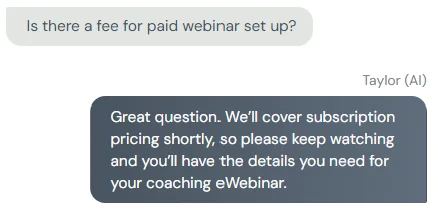 Chat about webinar fees with AI response.