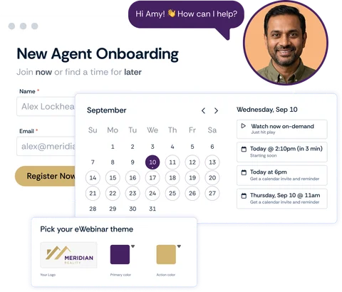 eWebinar registration page with session times, brokerage branding options, and a moderator greeting an agent in chat