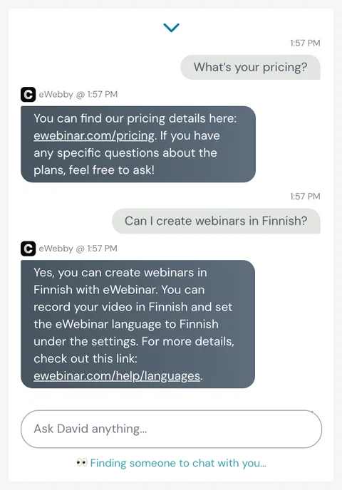 Chatbase AI moderator responding in eWebinar chat