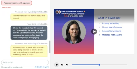 Webinar interface with chat and video sections.