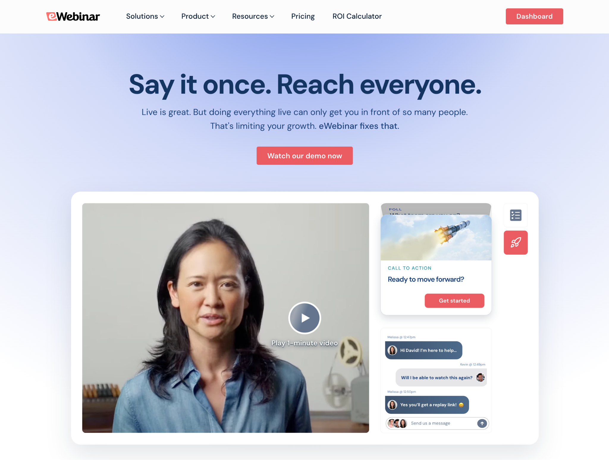 Webinar landing page with video and chat interface.