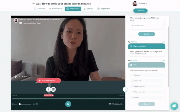 Video editing interface with woman speaking and editing tools.