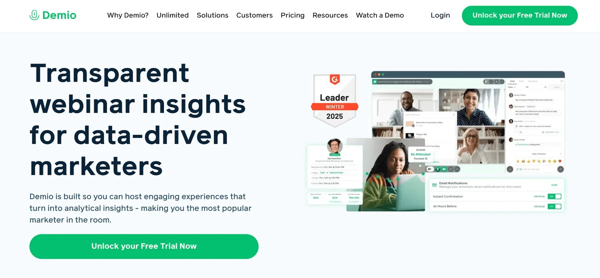 Demio webinar platform ad with interface screenshot and marketing text.