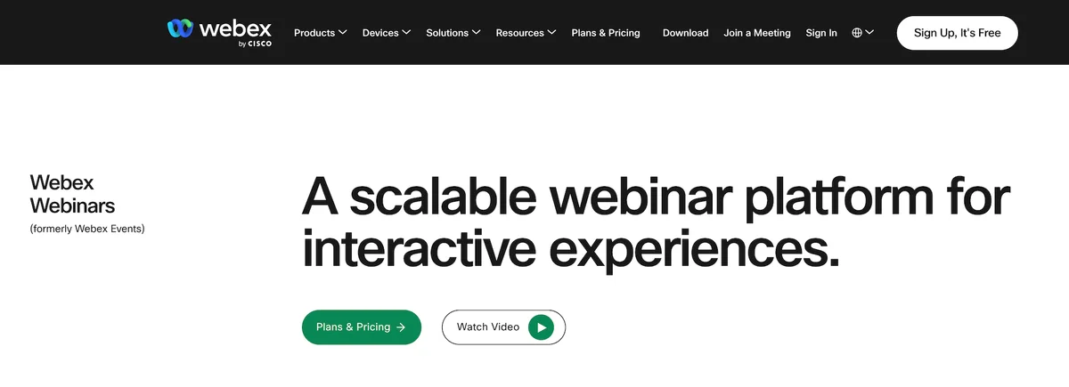 Webex Webinars page promoting scalable interactive experiences.
