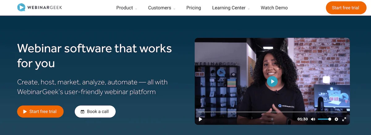 WebinarGeek landing page with video and call-to-action buttons.