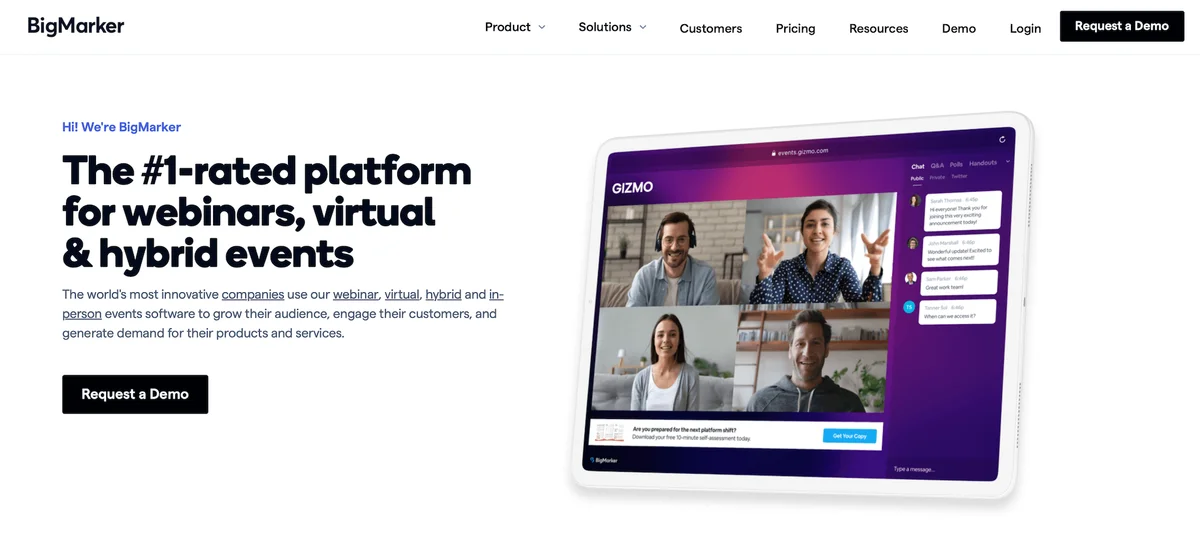 BigMarker ad for webinar platform with video call on tablet.