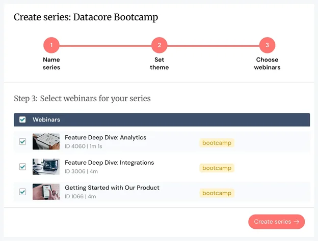 Webinar series creation interface showing selection of webinars.