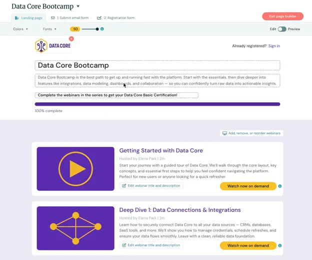 Webpage for Data Core Bootcamp with video sections and progress bar.