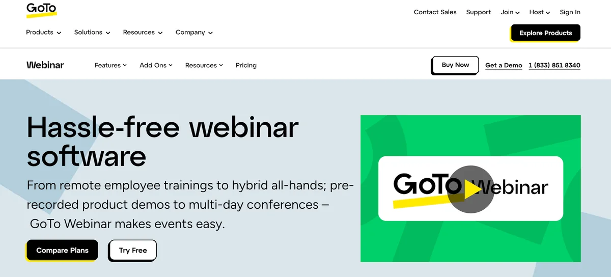 GoTo Webinar software ad with try and compare buttons.