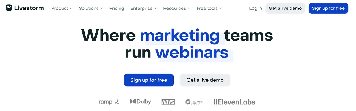 Livestorm homepage promoting webinars for marketing teams.