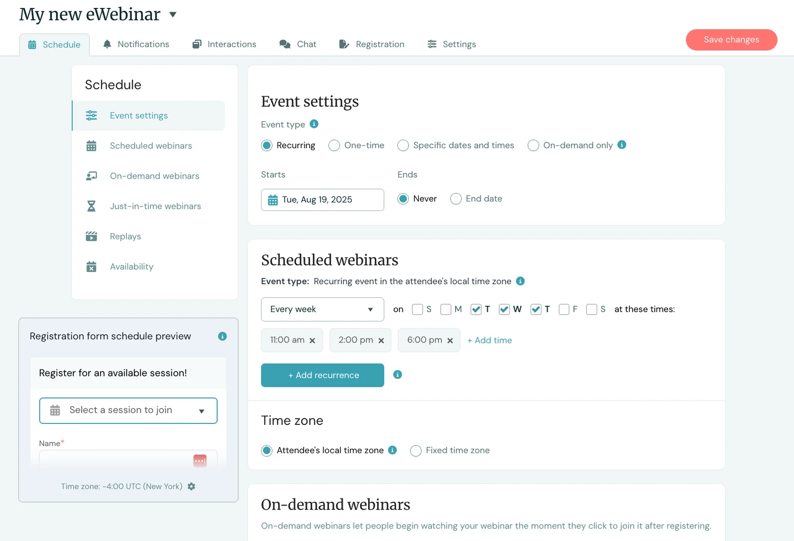 eWebinar setup dashboard with scheduling and event settings options.