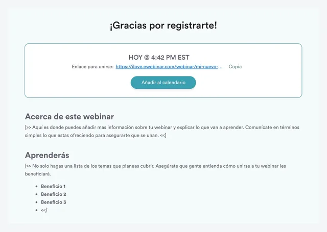 Thank you page in standard eWebinar template in Spanish
