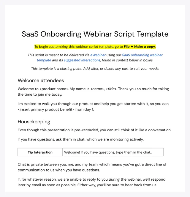saas onboarding script template