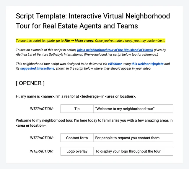 Virtual neighborhood tour script template