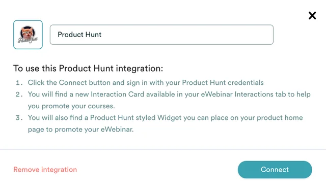 eWebinar Product Hunt integration modal-1