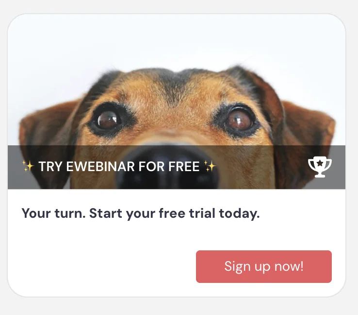 eWebinar call-to-action interaction inviting viewers to start a free trial with a "Sign up now!" button
