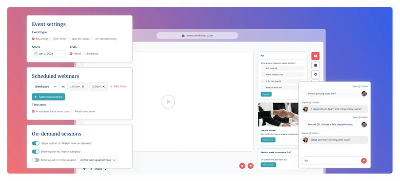 eWebinar scheduling, interactions, and chat interface