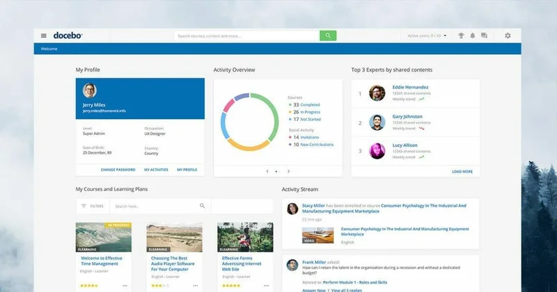 Docebo learning management system dashboard for corporate training and skills development