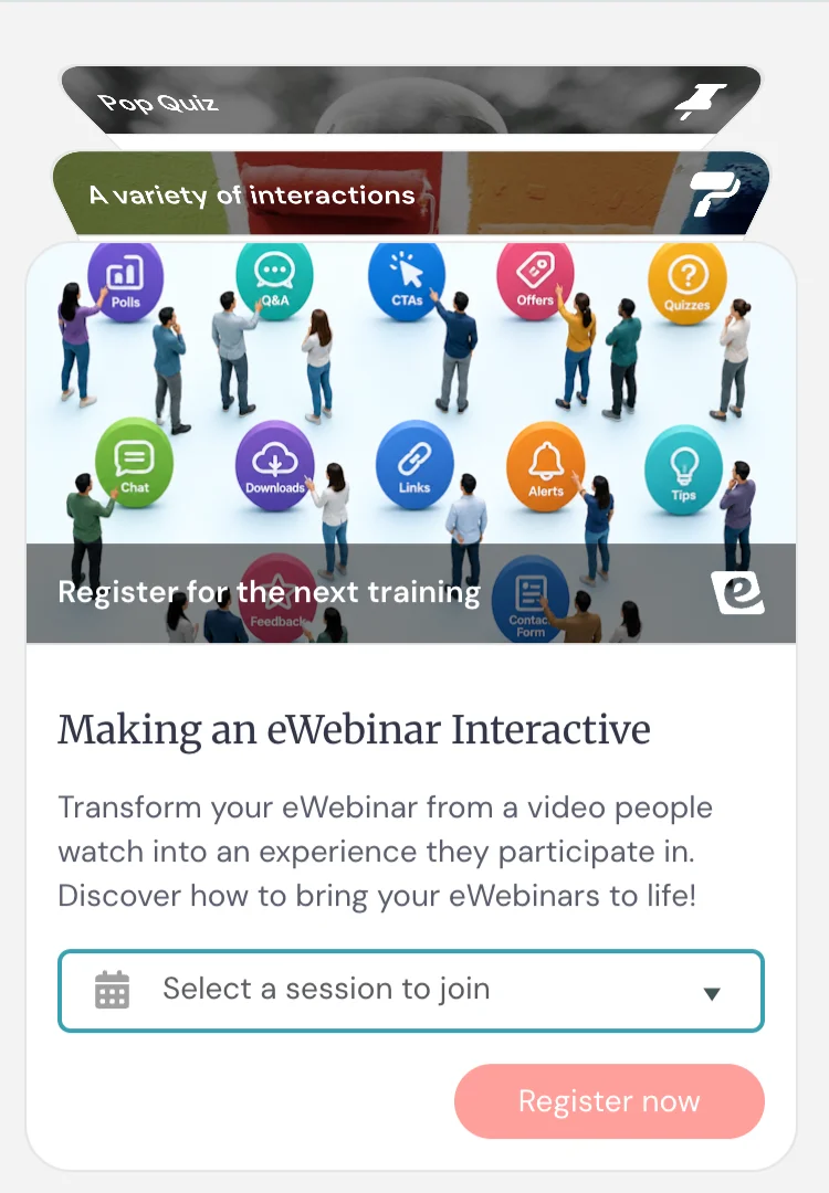 Interactive webinar promotion with icons and registration details.