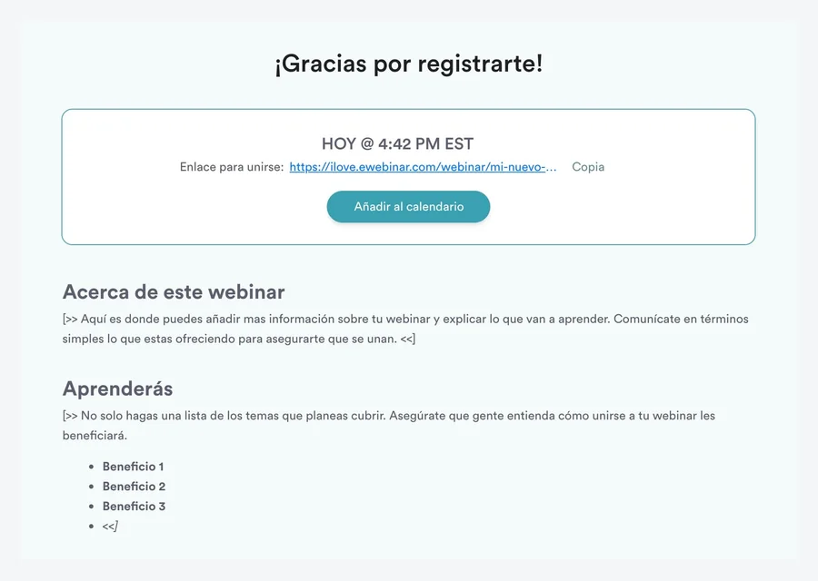Thank you page in standard eWebinar template in Spanish